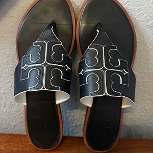 Tory Burch Jamie Full Logo Black Leather Sandals Women Size 8